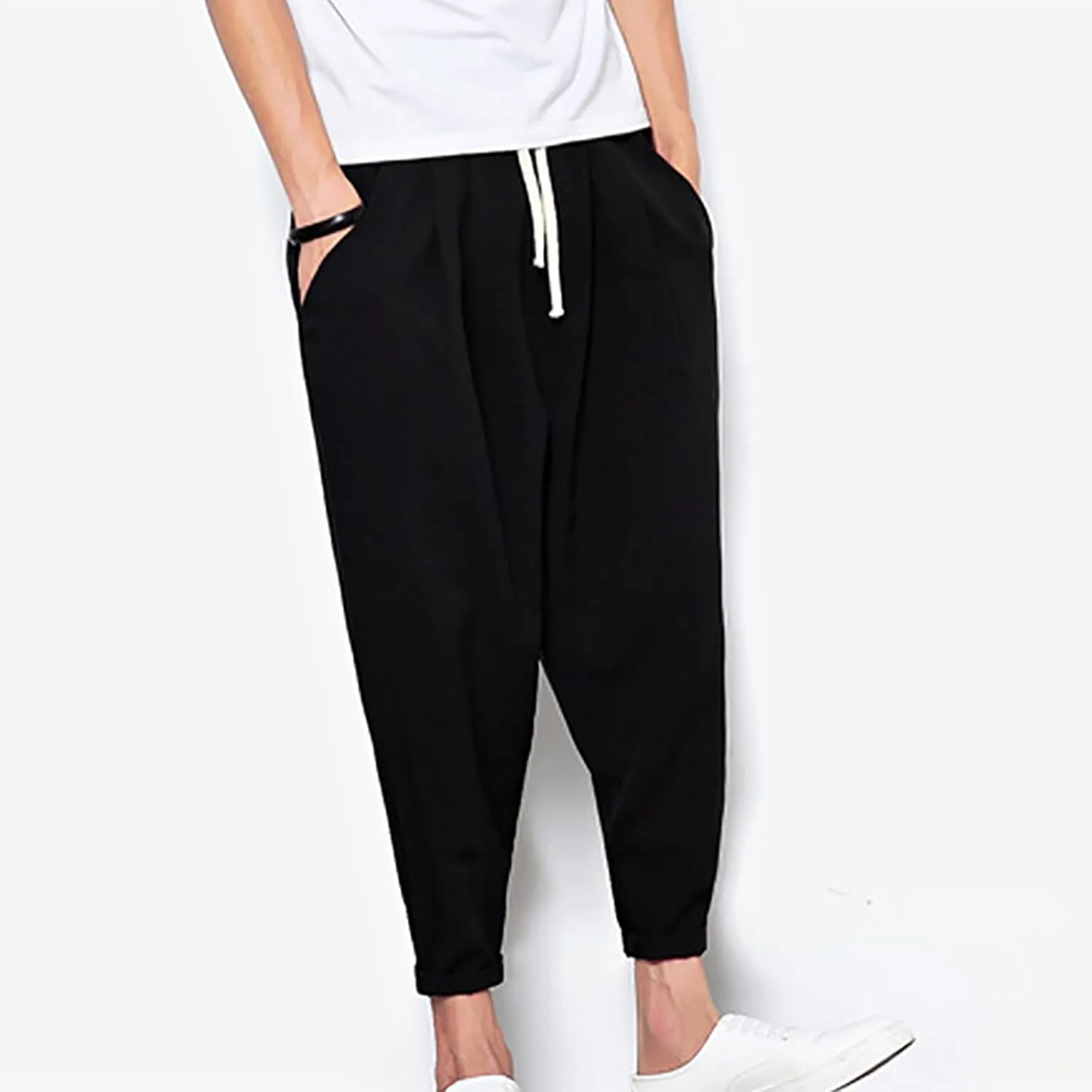 Linen Capri Pants Men Baggy Harem Pants Drawstring Lounge Pants Elastic Waist Capris Casual Summer Ankle Pants