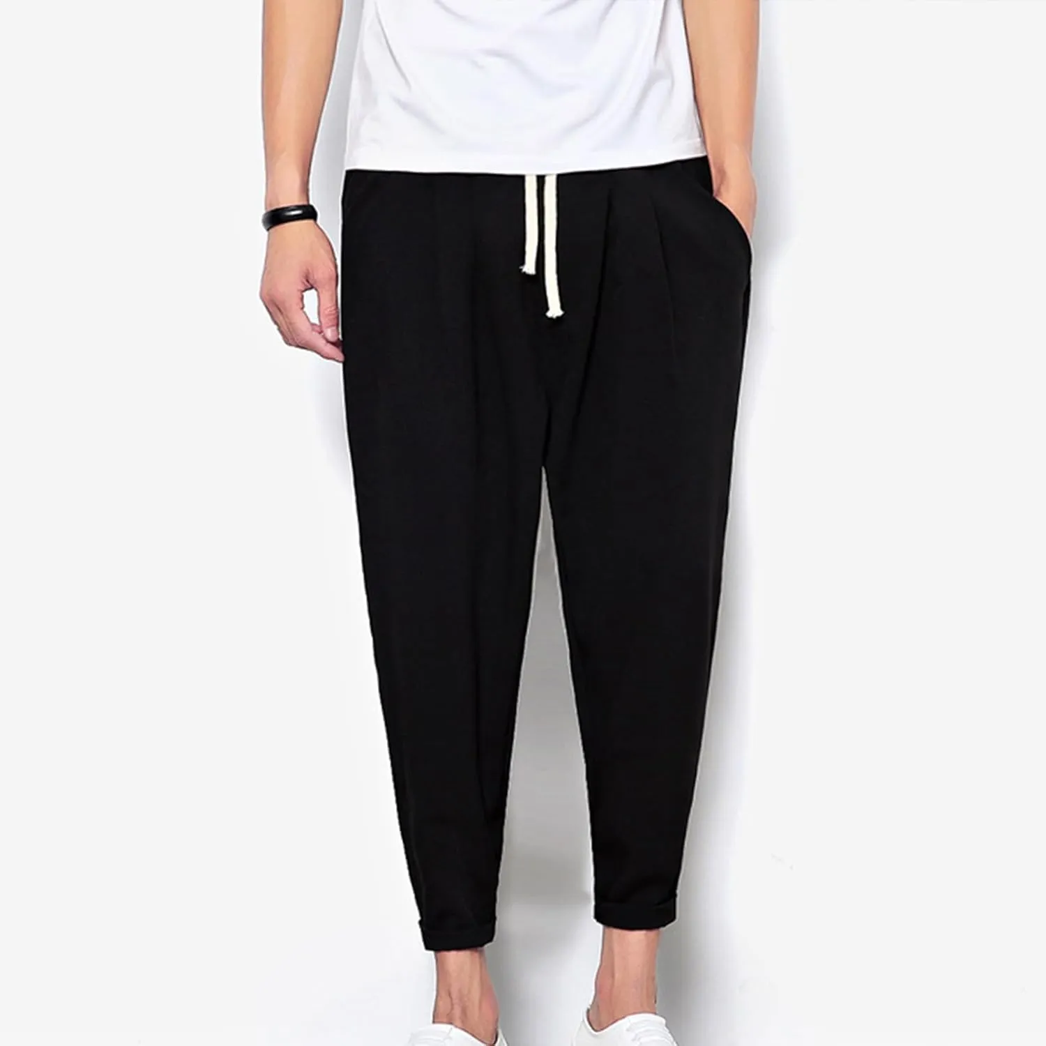 Linen Capri Pants Men Baggy Harem Pants Drawstring Lounge Pants Elastic Waist Capris Casual Summer Ankle Pants
