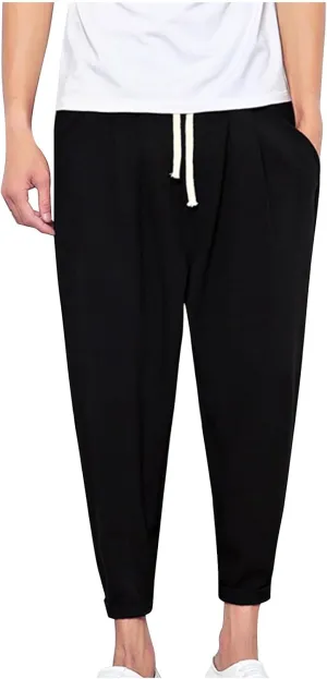Linen Capri Pants Men Baggy Harem Pants Drawstring Lounge Pants Elastic Waist Capris Casual Summer Ankle Pants