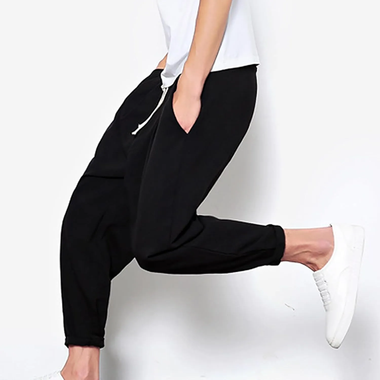 Linen Capri Pants Men Baggy Harem Pants Drawstring Lounge Pants Elastic Waist Capris Casual Summer Ankle Pants