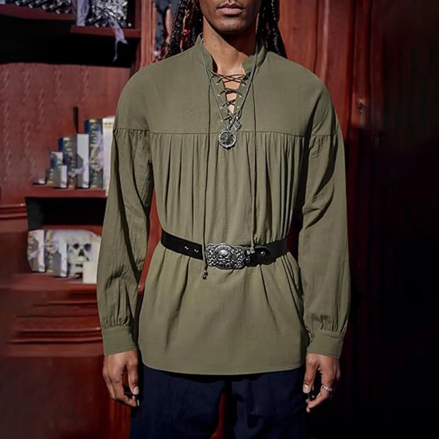 Linen Lace Up Belted Boho Shirts for Men Long Sleeve Hippie Casual Beach Henley Shirts V Neck Yoga Viking Tunic Tops