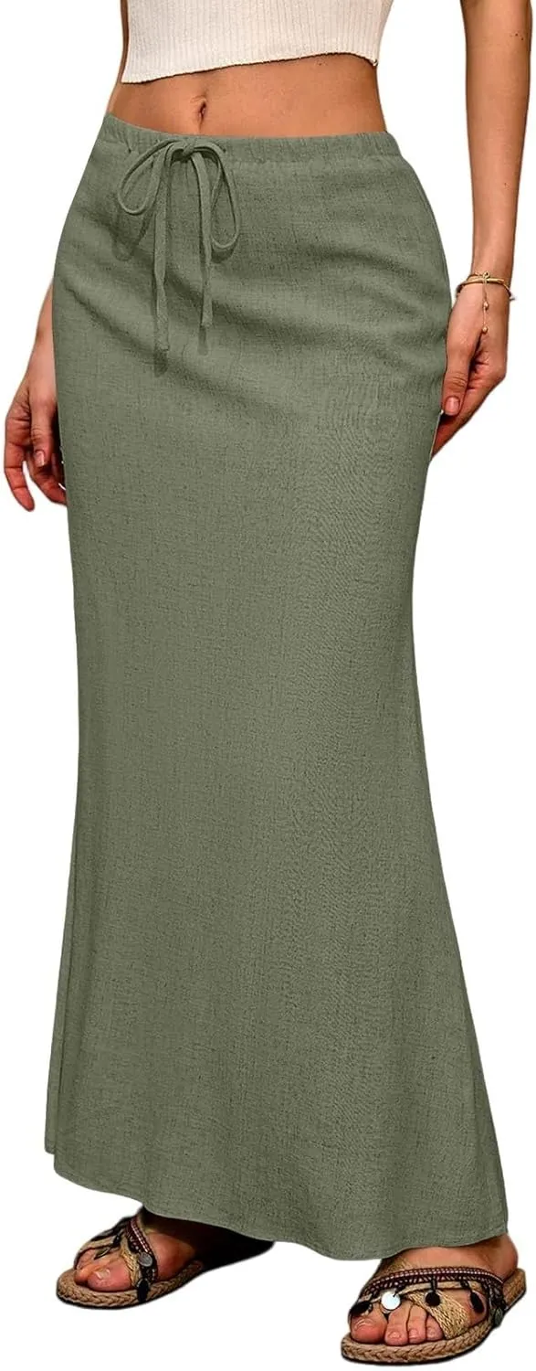 Linen Maxi Skirts for Women 2025 Boho Summer Skirt Casual Drawstring Elastic Waist A Line Long Flowy Fishtail Skirt