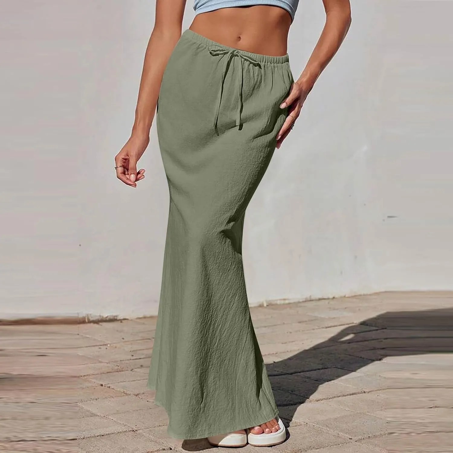 Linen Maxi Skirts for Women 2025 Boho Summer Skirt Casual Drawstring Elastic Waist A Line Long Flowy Fishtail Skirt