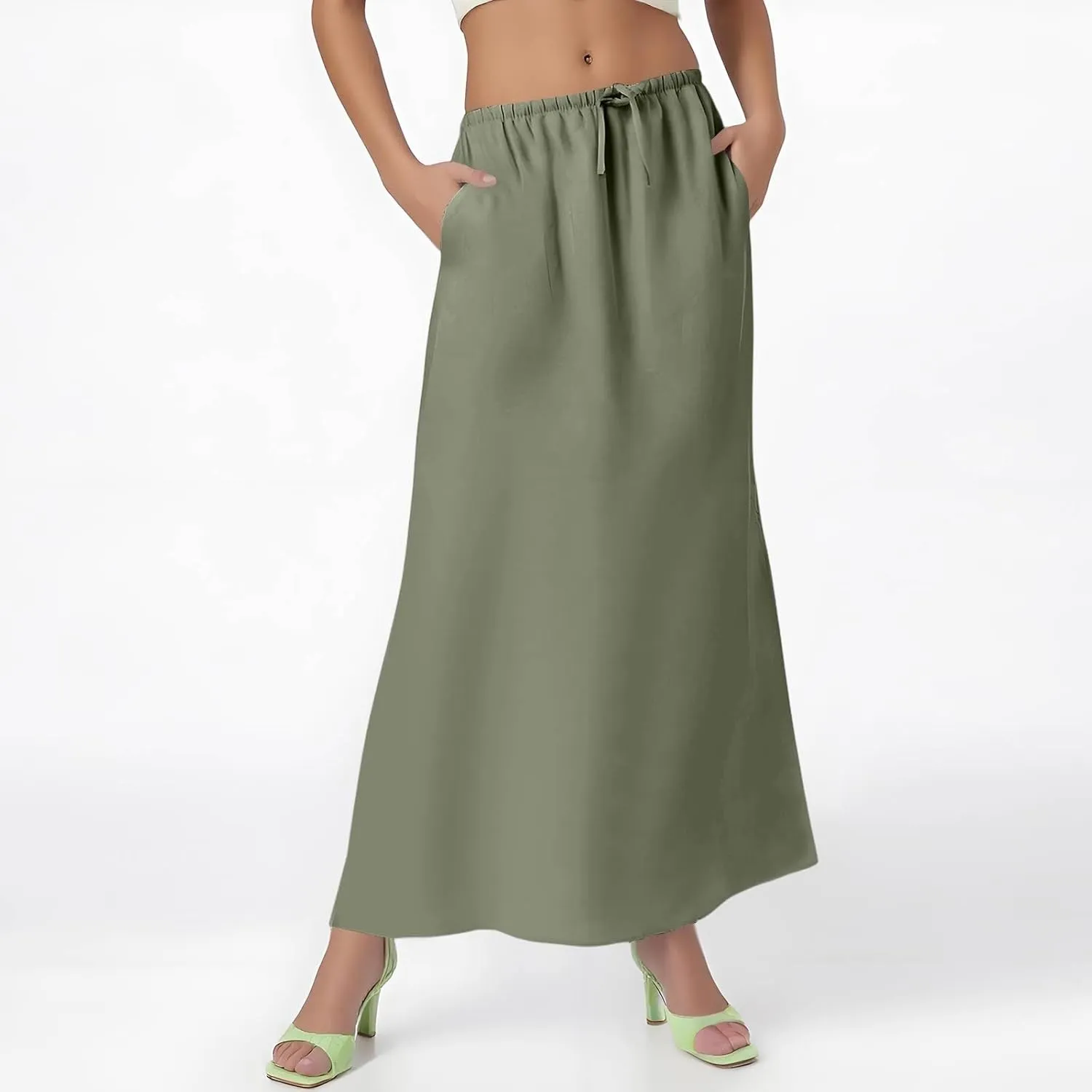 Linen Maxi Skirts for Women 2025 Boho Summer Skirt Casual Drawstring Elastic Waist A Line Long Flowy Fishtail Skirt