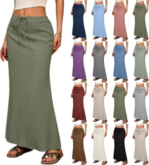 Linen Maxi Skirts for Women 2025 Boho Summer Skirt Casual Drawstring Elastic Waist A Line Long Flowy Fishtail Skirt
