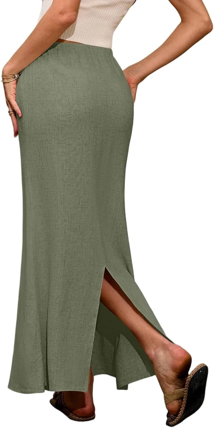 Linen Maxi Skirts for Women 2025 Boho Summer Skirt Casual Drawstring Elastic Waist A Line Long Flowy Fishtail Skirt