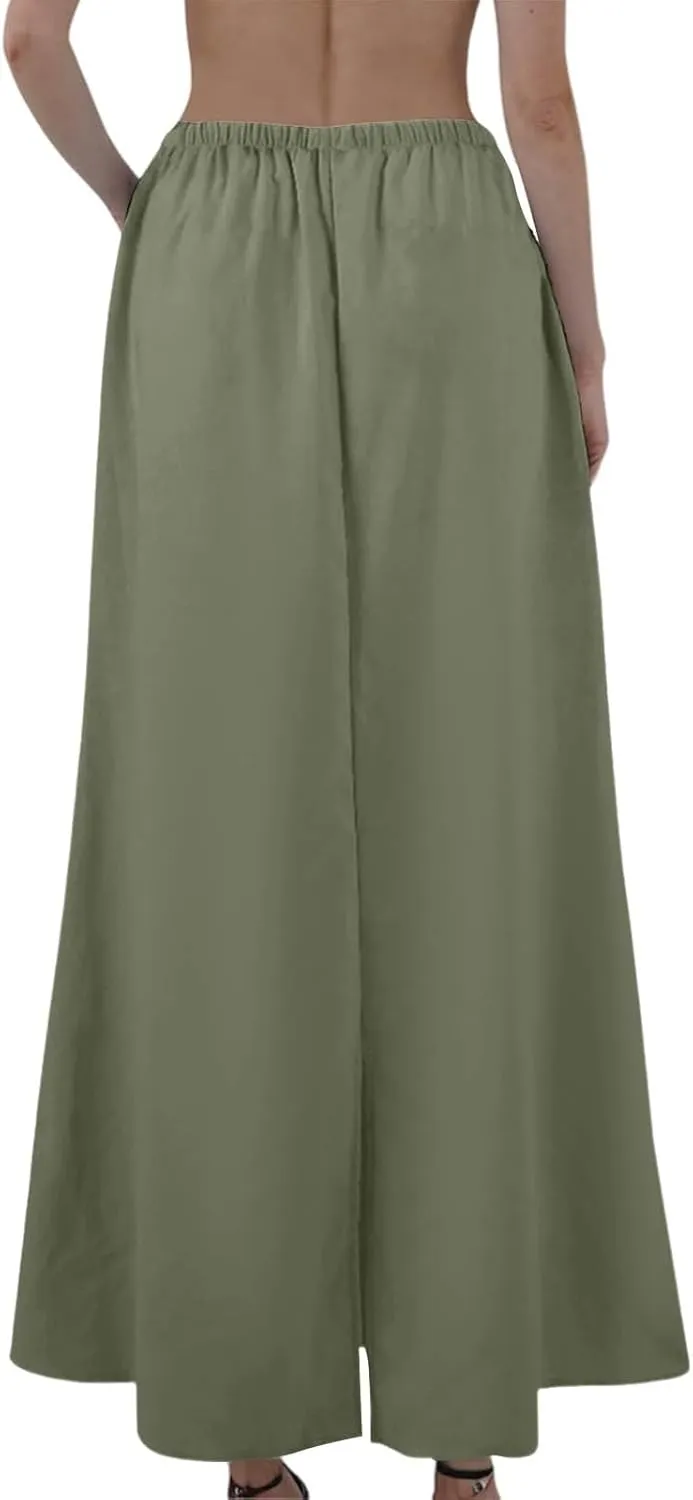 Linen Maxi Skirts for Women 2025 Boho Summer Skirt Casual Drawstring Elastic Waist A Line Long Flowy Fishtail Skirt
