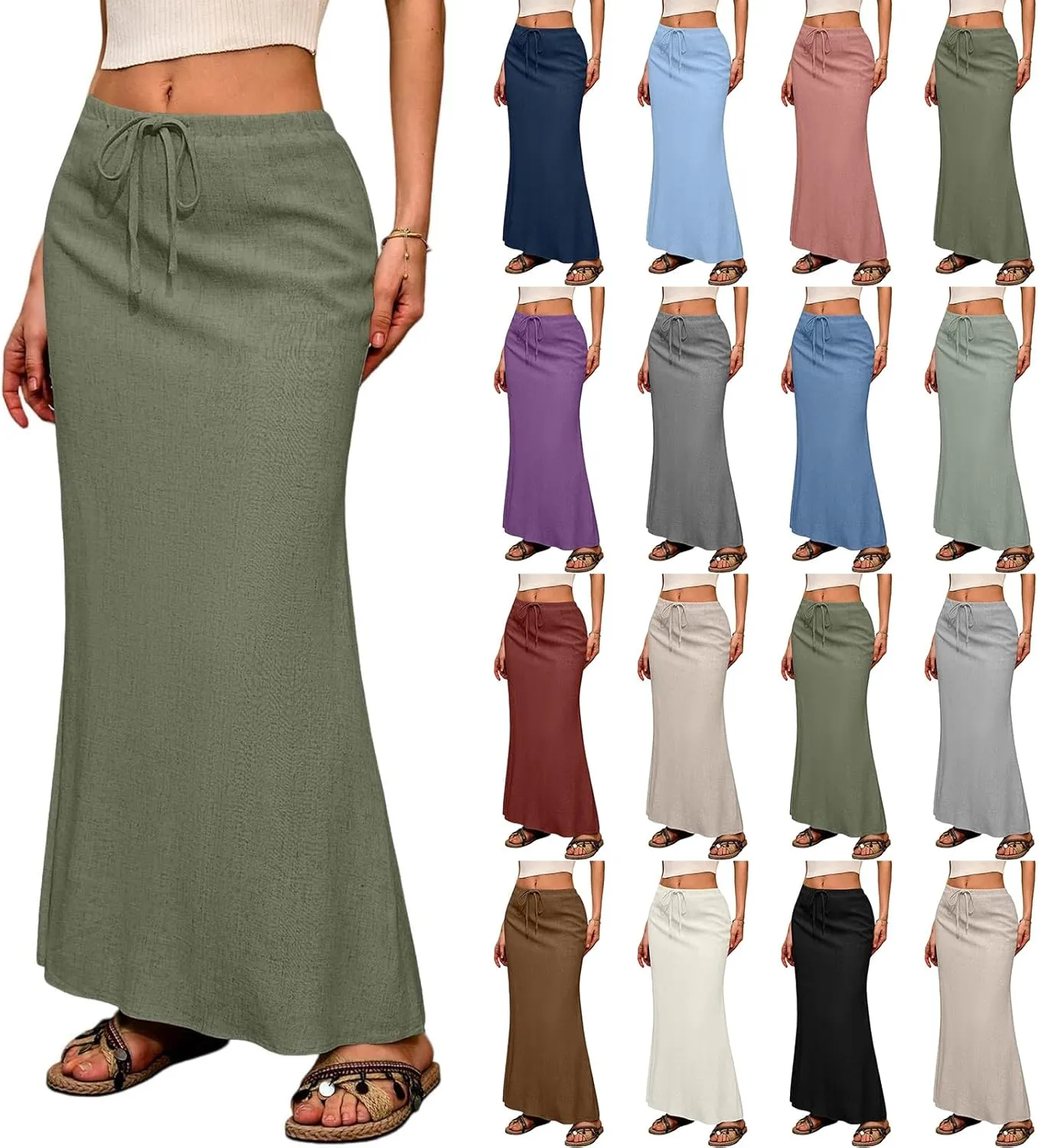 Linen Maxi Skirts for Women 2025 Boho Summer Skirt Casual Drawstring Elastic Waist A Line Long Flowy Fishtail Skirt