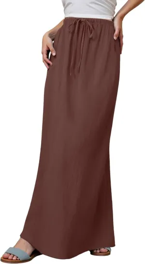 Linen Maxi Skirts for Women Drawstring High Waisted Lighweight Skirt Elastic Waisted Comfortable Straight Leg Skorts