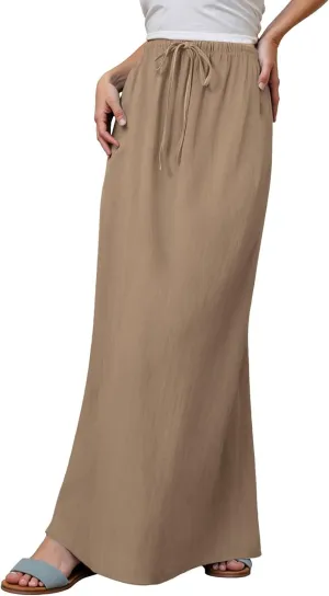 Linen Maxi Skirts for Women Drawstring High Waisted Lighweight Skirt Elastic Waisted Comfortable Straight Leg Skorts