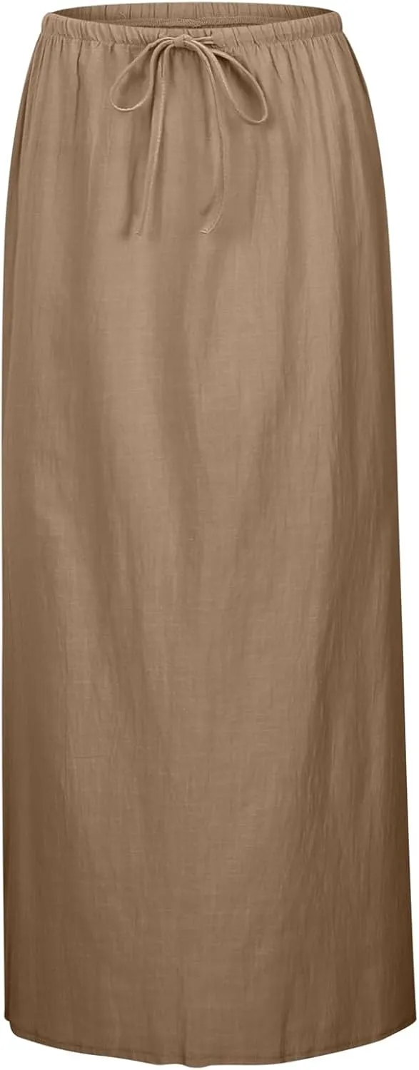 Linen Maxi Skirts for Women Drawstring High Waisted Lighweight Skirt Elastic Waisted Comfortable Straight Leg Skorts