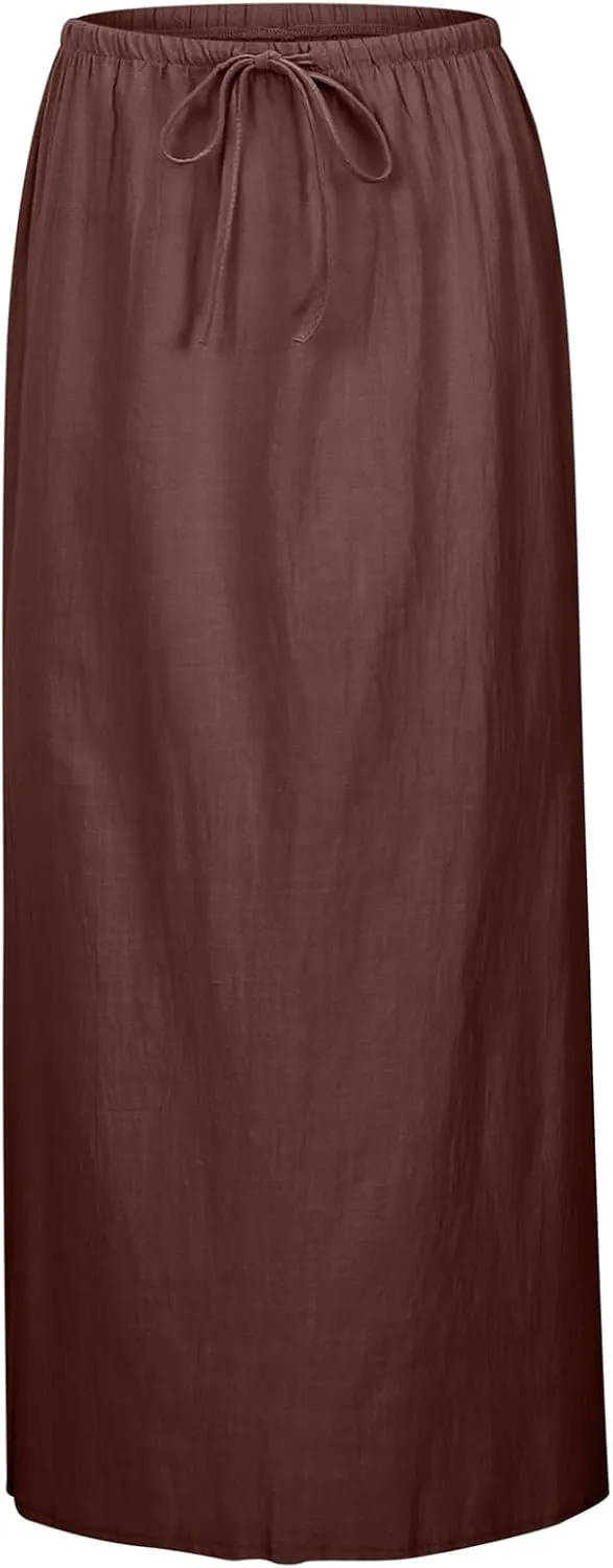 Linen Maxi Skirts for Women Drawstring High Waisted Lighweight Skirt Elastic Waisted Comfortable Straight Leg Skorts