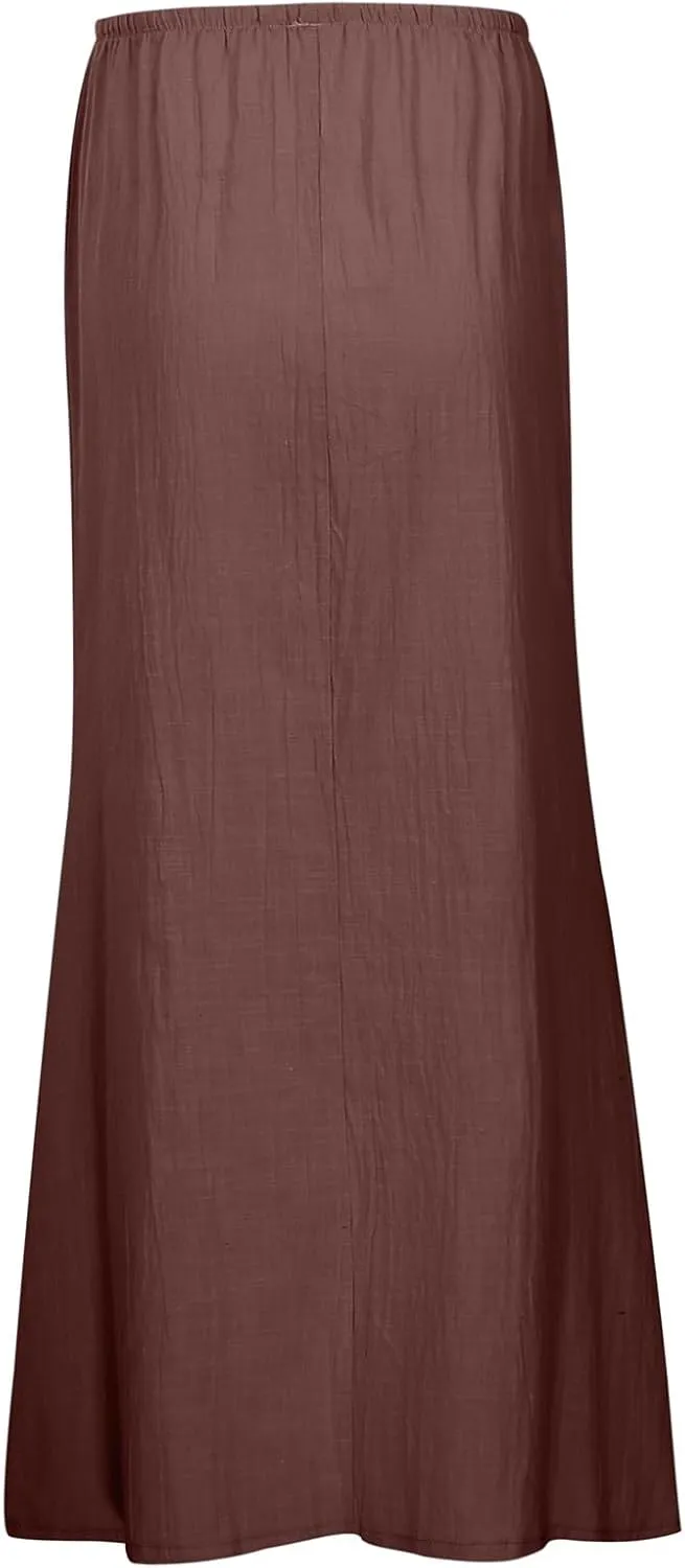 Linen Maxi Skirts for Women Drawstring High Waisted Lighweight Skirt Elastic Waisted Comfortable Straight Leg Skorts
