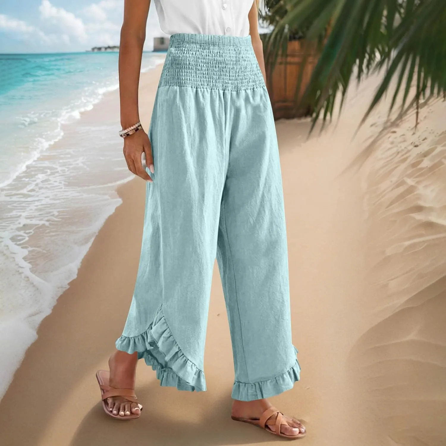 Linen Pants for Women Summer Wide Leg High Waisted Flowy Palazzo Casual Solid Smocked Beach Capri Trousers