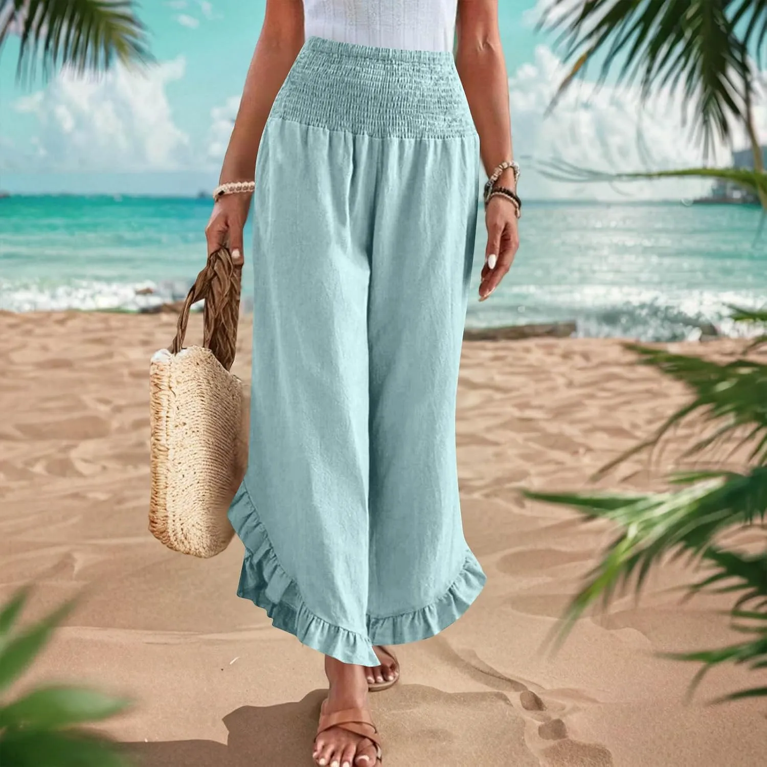 Linen Pants for Women Summer Wide Leg High Waisted Flowy Palazzo Casual Solid Smocked Beach Capri Trousers