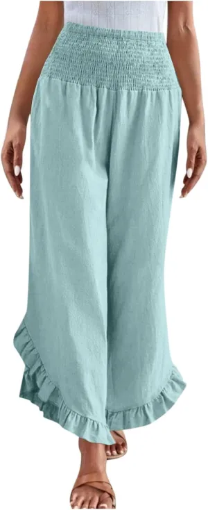 Linen Pants for Women Summer Wide Leg High Waisted Flowy Palazzo Casual Solid Smocked Beach Capri Trousers