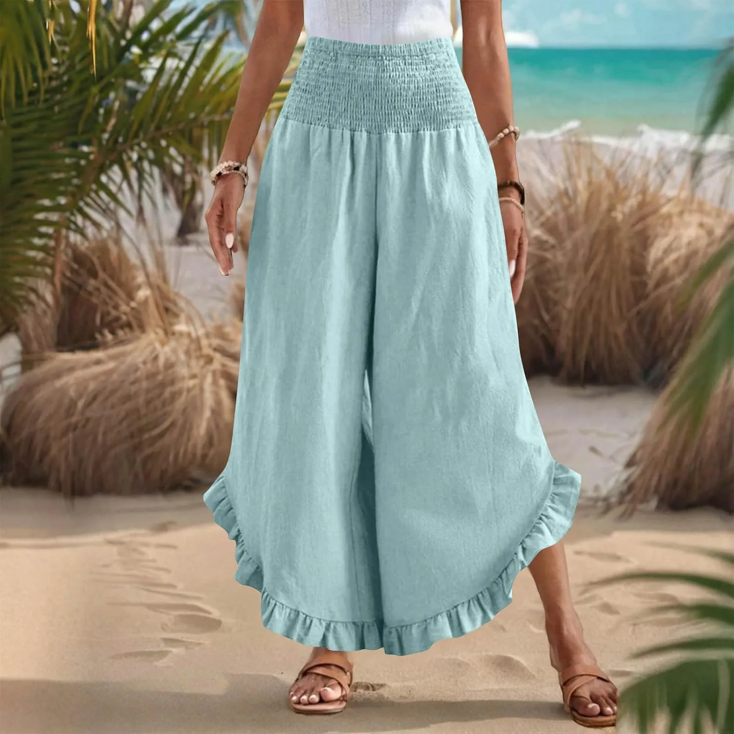 Linen Pants for Women Summer Wide Leg High Waisted Flowy Palazzo Casual Solid Smocked Beach Capri Trousers