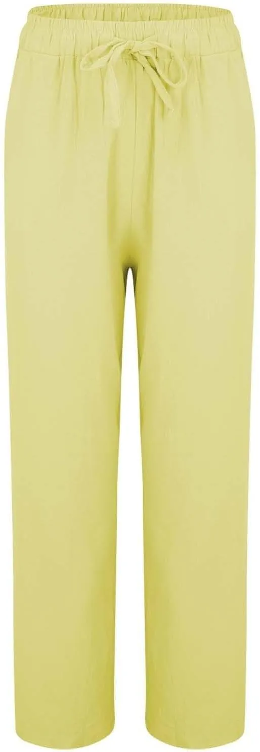 Linen Pants for Women Wide Leg Baggy Drawstring Elastic Waist Palazzo Trousers Summer Beach Pants with Pockets
