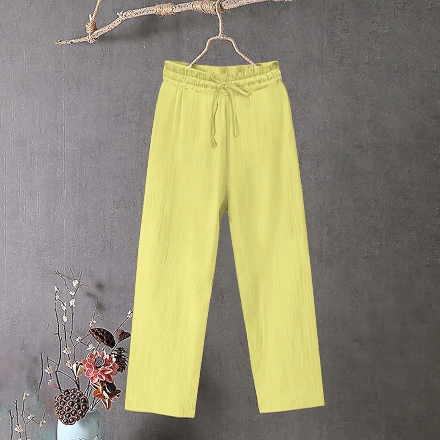 Linen Pants for Women Wide Leg Baggy Drawstring Elastic Waist Palazzo Trousers Summer Beach Pants with Pockets