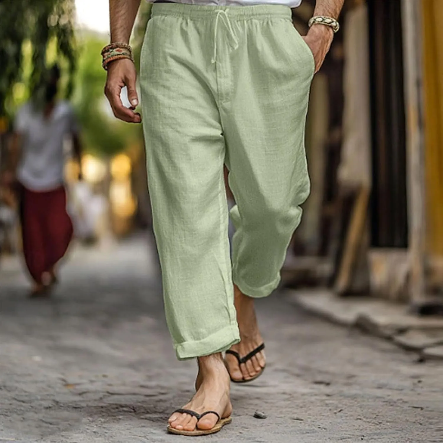 Linen Pants Men Long Relaxed Fit Elastic Waist Pants with Pockets Beach Yoga Travel Lounge Trousers for Summer