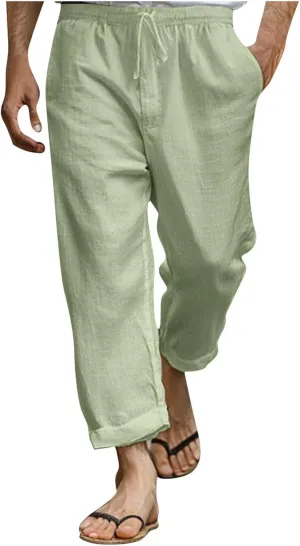 Linen Pants Men Long Relaxed Fit Elastic Waist Pants with Pockets Beach Yoga Travel Lounge Trousers for Summer