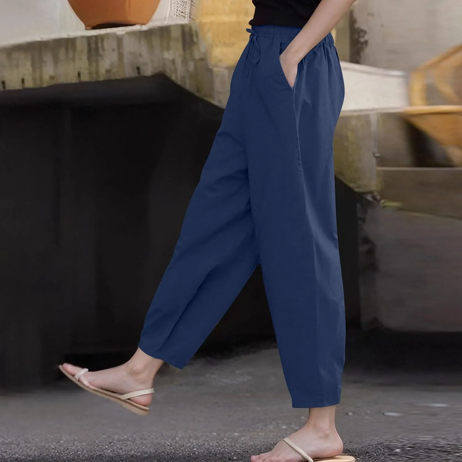 Linen Pants Women Summer Casual Cotton Linen Pants High Waisted Drawstring Lounge Pants Beach Trousers