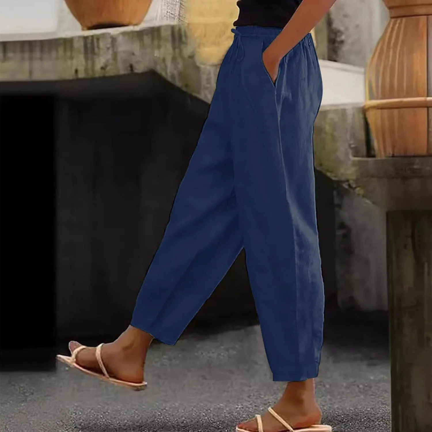 Linen Pants Women Summer Casual Cotton Linen Pants High Waisted Drawstring Lounge Pants Beach Trousers