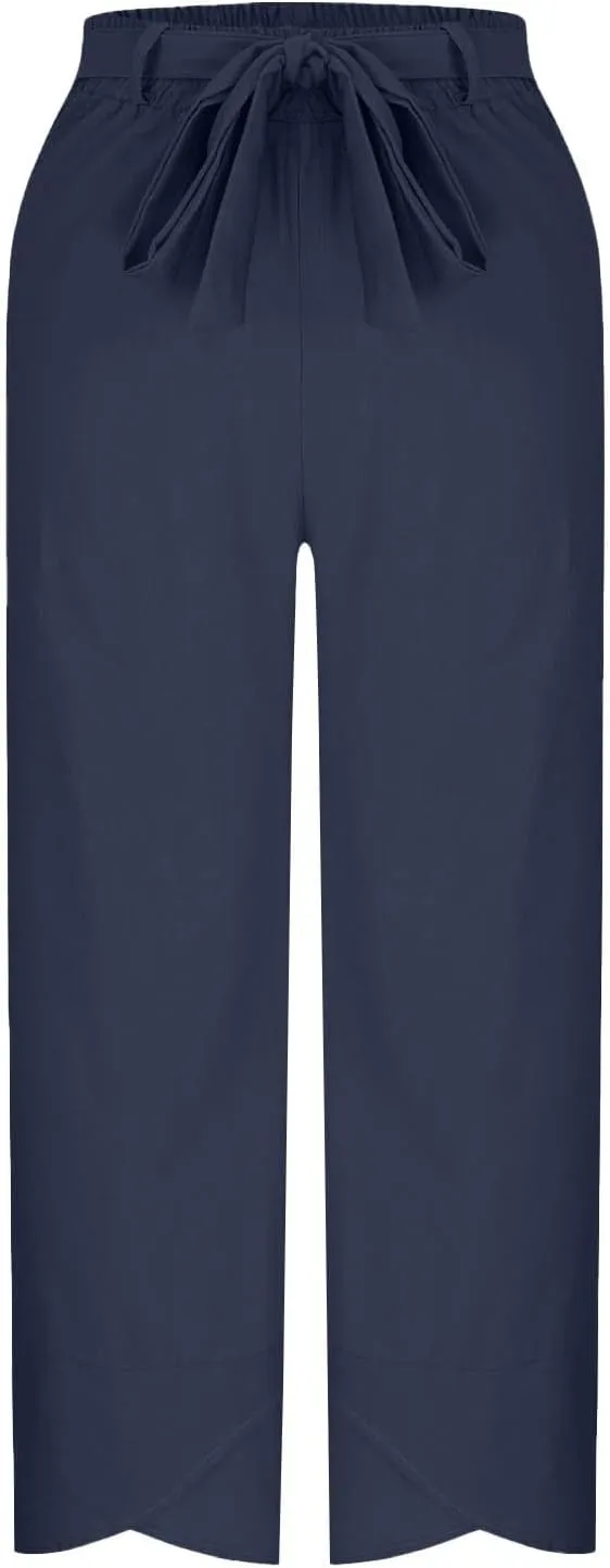 Linen Pants Women Vacation Boho Pants Drawstring Waist Linen Pants Summer Loose Fit Capri Pants Solid Trendy Trousers