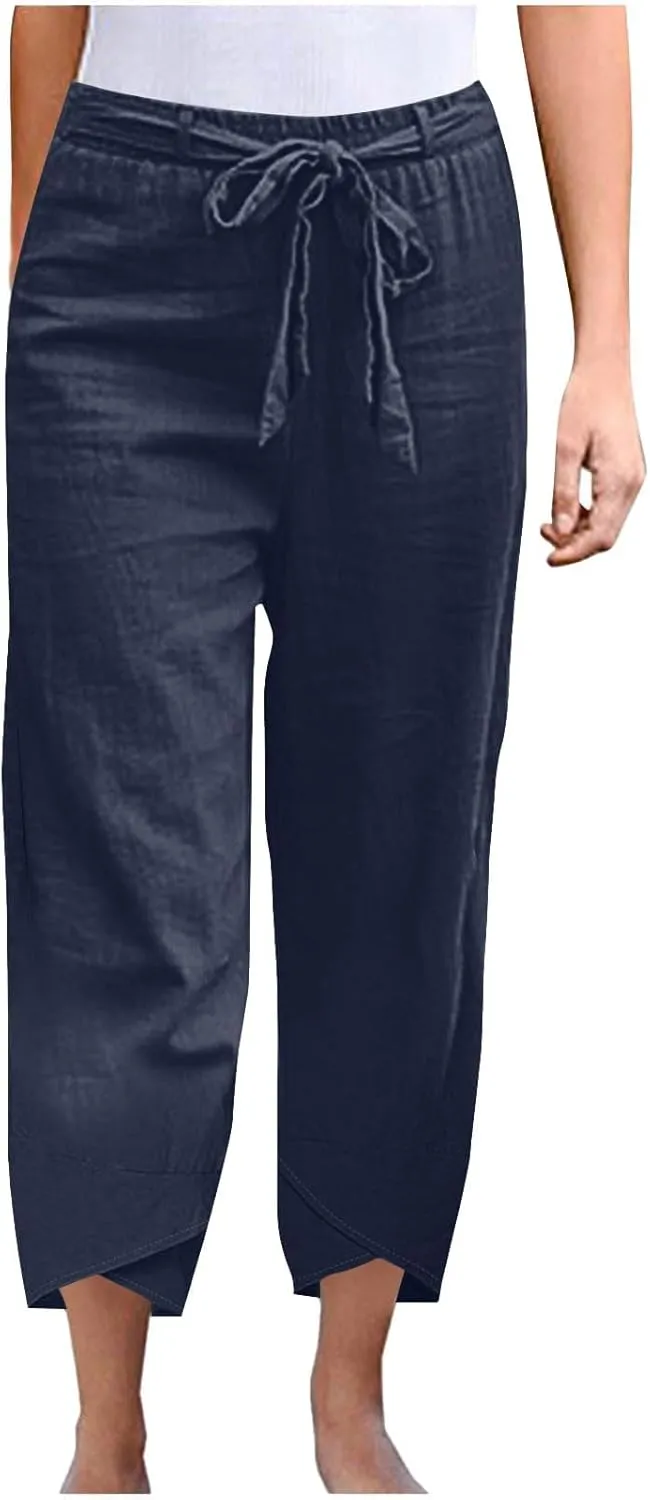 Linen Pants Women Vacation Boho Pants Drawstring Waist Linen Pants Summer Loose Fit Capri Pants Solid Trendy Trousers
