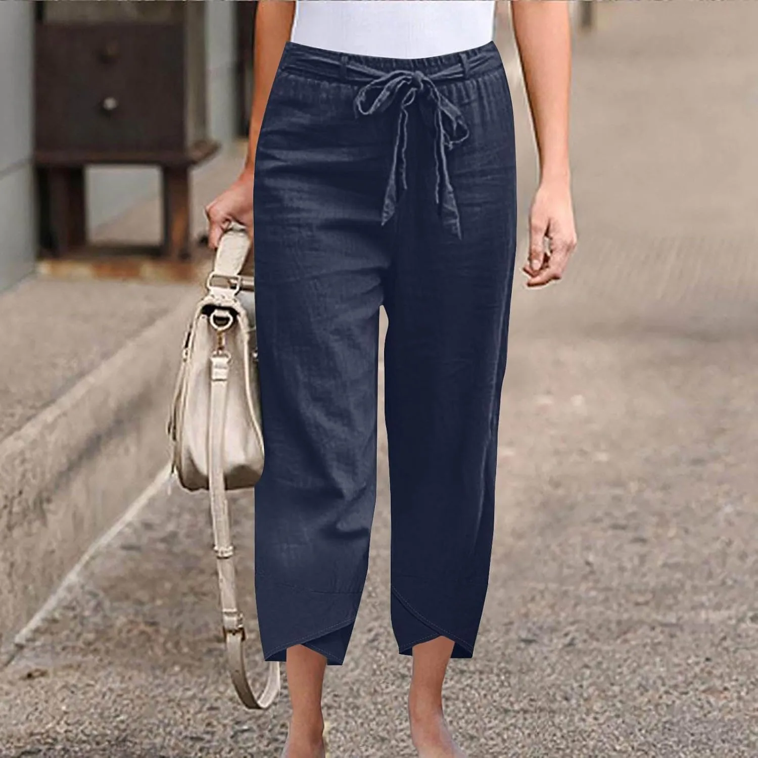 Linen Pants Women Vacation Boho Pants Drawstring Waist Linen Pants Summer Loose Fit Capri Pants Solid Trendy Trousers