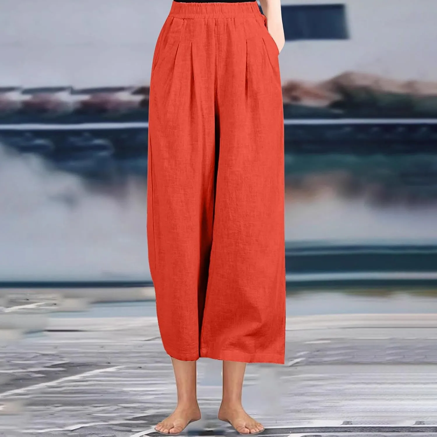 Linen Pants Women Wide Leg High Waist Elastic Pants Casual Summer Beach Comfy Palazzo for Home Workwear Trousers