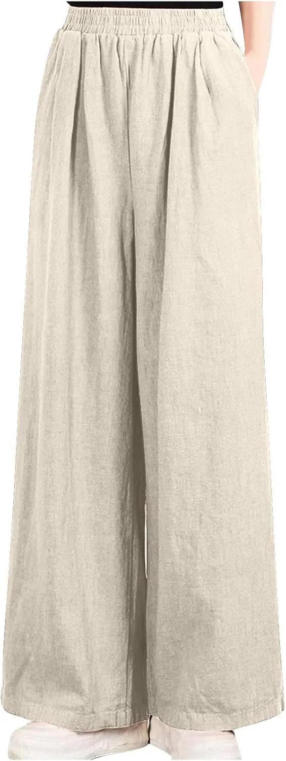 Linen Pants Women Wide Leg High Waist Elastic Pants Casual Summer Beach Comfy Palazzo for Home Workwear Trousers