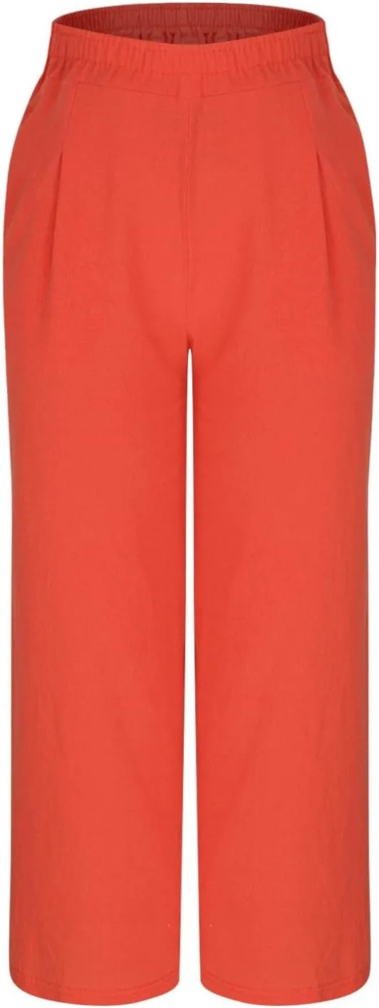 Linen Pants Women Wide Leg High Waist Elastic Pants Casual Summer Beach Comfy Palazzo for Home Workwear Trousers