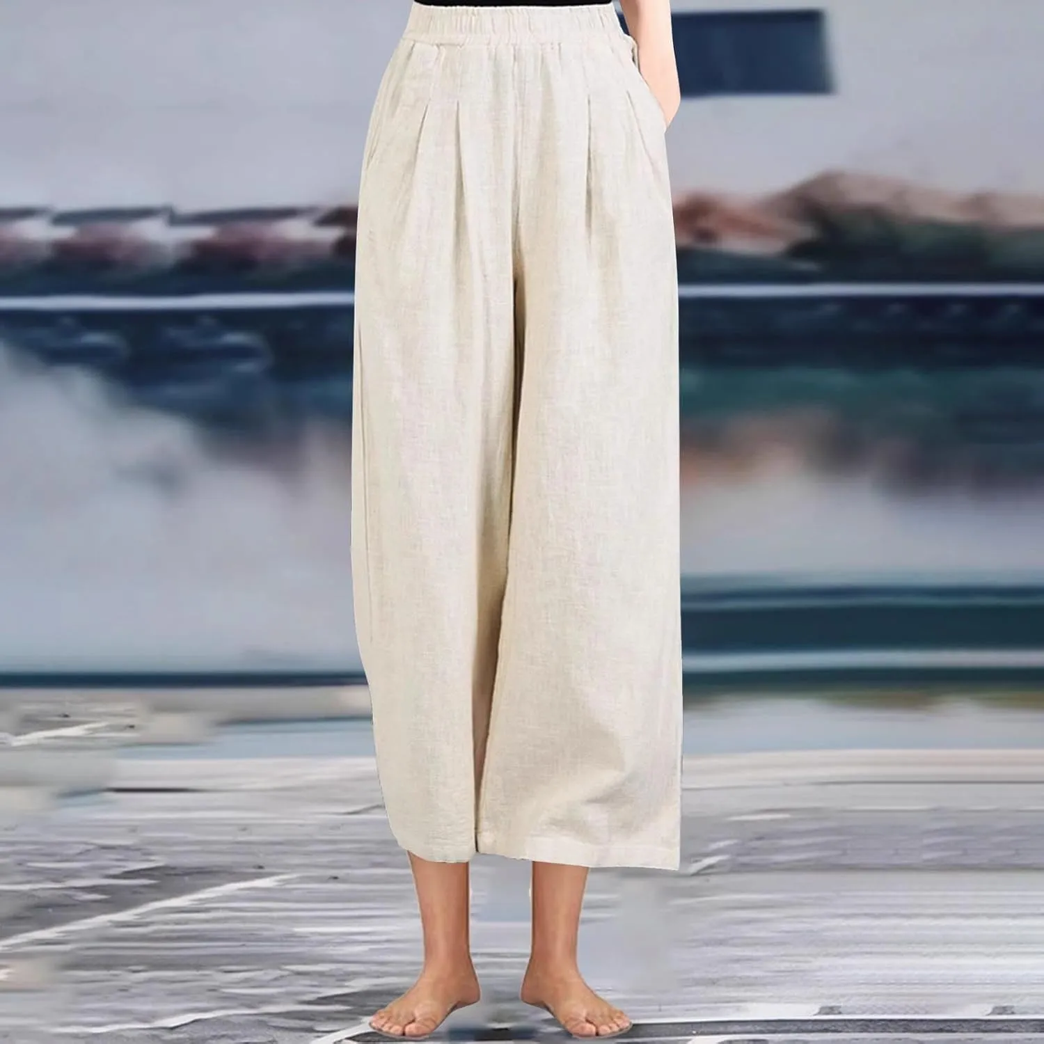 Linen Pants Women Wide Leg High Waist Elastic Pants Casual Summer Beach Comfy Palazzo for Home Workwear Trousers