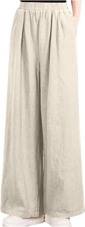 Linen Pants Women Wide Leg High Waist Elastic Pants Casual Summer Beach Comfy Palazzo for Home Workwear Trousers