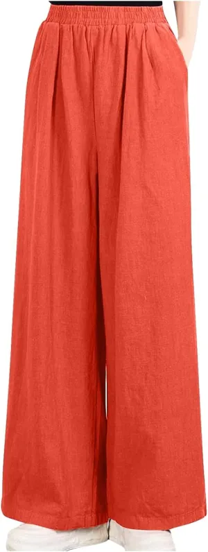 Linen Pants Women Wide Leg High Waist Elastic Pants Casual Summer Beach Comfy Palazzo for Home Workwear Trousers