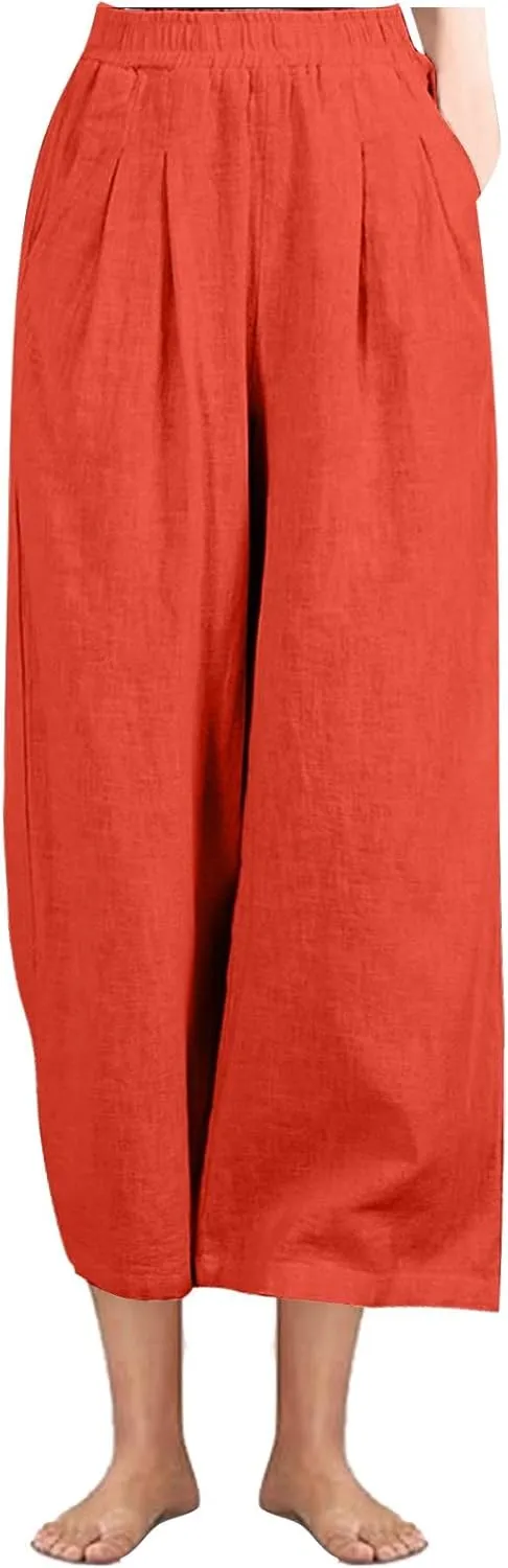 Linen Pants Women Wide Leg High Waist Elastic Pants Casual Summer Beach Comfy Palazzo for Home Workwear Trousers