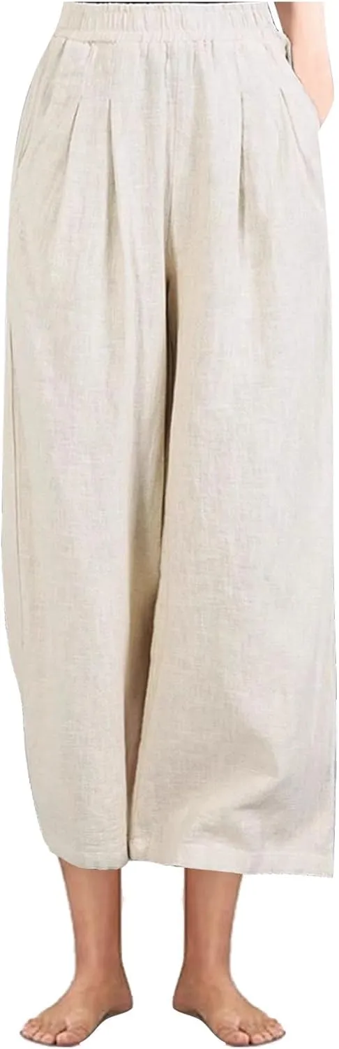 Linen Pants Women Wide Leg High Waist Elastic Pants Casual Summer Beach Comfy Palazzo for Home Workwear Trousers