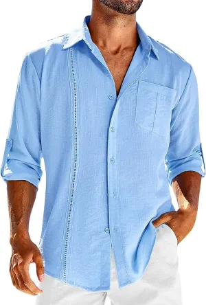 Linen Shirts for Men Casual Shirts Lightweight Long Sleeve Henley Beach Shirts Hawaiian T Shirts for Men