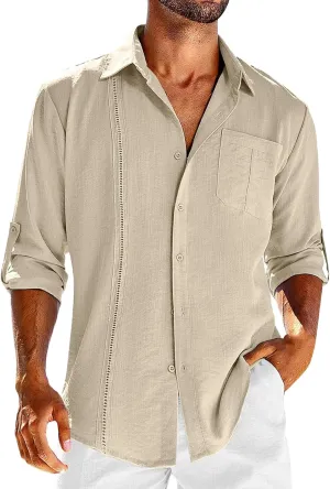 Linen Shirts for Men Casual Shirts Lightweight Long Sleeve Henley Beach Shirts Hawaiian T Shirts for Men