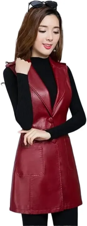 LIXINGHEITANG Faux Leather Vest Women Clothing Autumn Jacket Sleeveless Mid Long Coat Female Waistcoat Outerwear