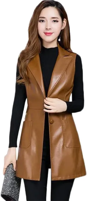 LIXINGHEITANG Faux Leather Vest Women Clothing Autumn Jacket Sleeveless Mid Long Coat Female Waistcoat Outerwear