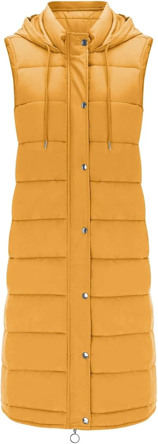 Long Puffer Vest Winter Coat Vest Hooded Sleeveless Warm Cotton Coat with Pockets Vest Cotton Quilted Down Hoodies
