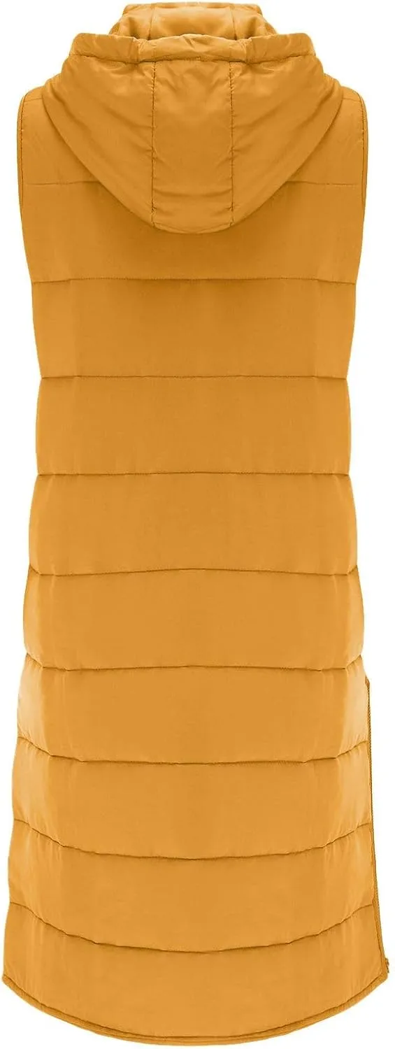 Long Puffer Vest Winter Coat Vest Hooded Sleeveless Warm Cotton Coat with Pockets Vest Cotton Quilted Down Hoodies