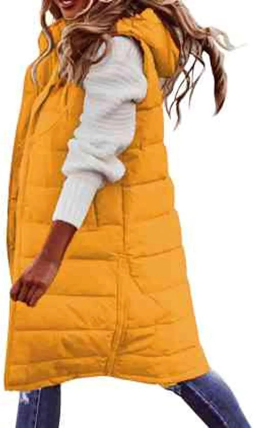 Long Puffer Vest Winter Coat Vest Hooded Sleeveless Warm Cotton Coat with Pockets Vest Cotton Quilted Down Hoodies
