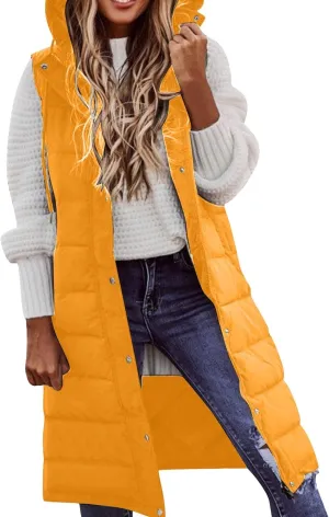 Long Puffer Vest Winter Coat Vest Hooded Sleeveless Warm Cotton Coat with Pockets Vest Cotton Quilted Down Hoodies