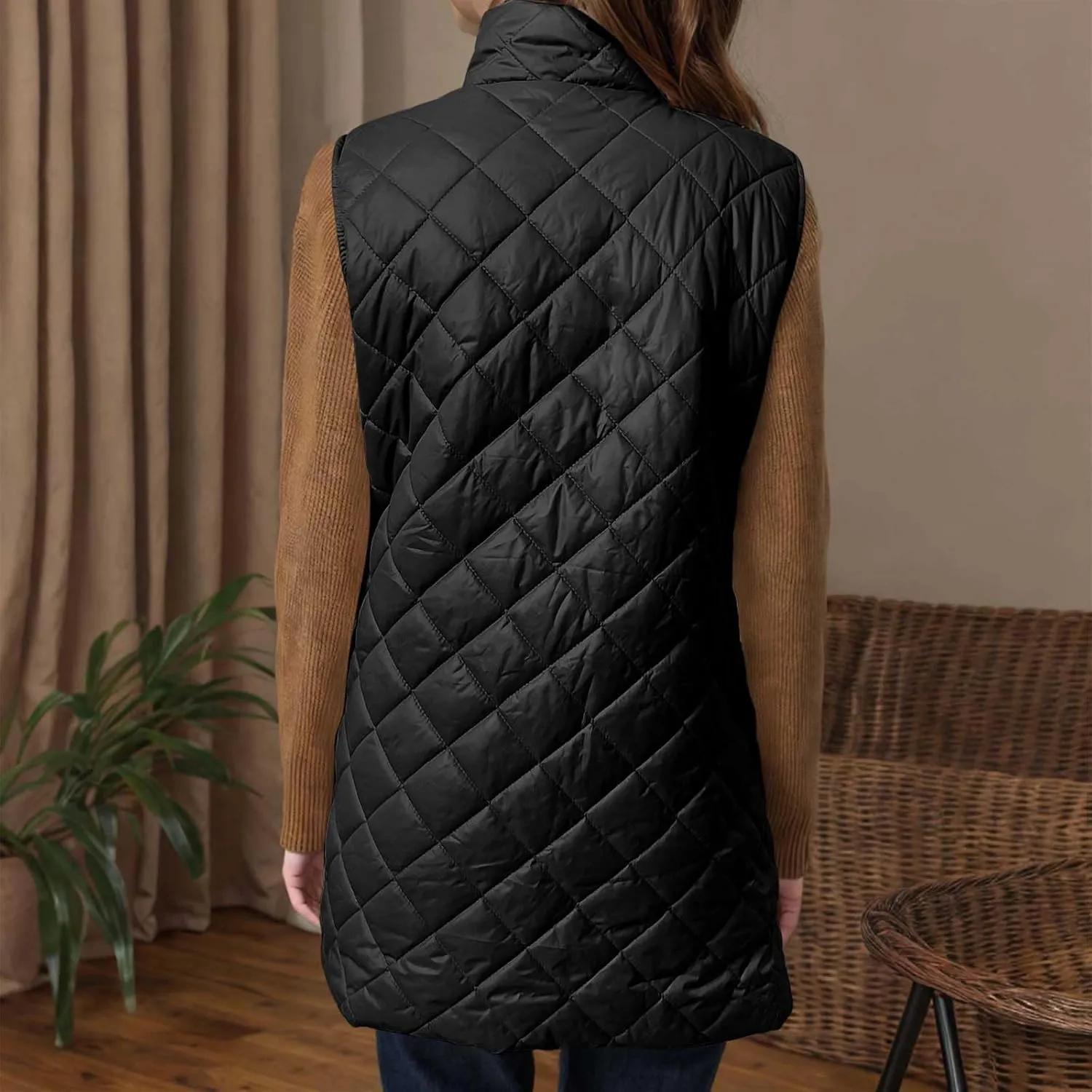 Long Puffer Vest Women Winter Quilted Coat Sleeveless Warm Jackets Zip Up Fluffy Vests Stand Collar Puffy Coats