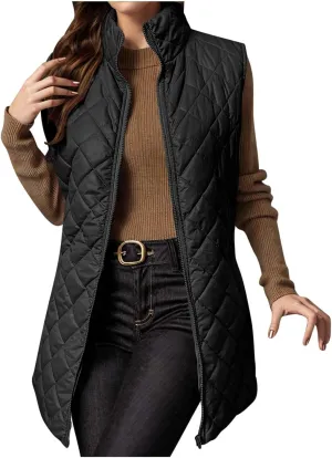Long Puffer Vest Women Winter Quilted Coat Sleeveless Warm Jackets Zip Up Fluffy Vests Stand Collar Puffy Coats