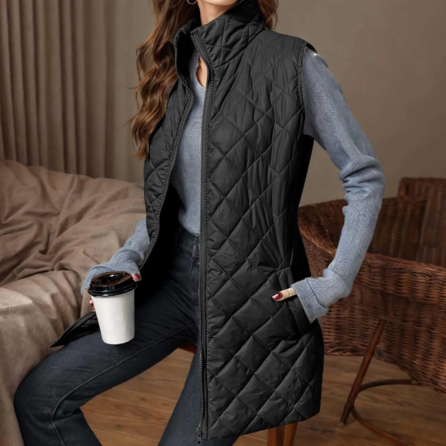 Long Puffer Vest Women Winter Quilted Coat Sleeveless Warm Jackets Zip Up Fluffy Vests Stand Collar Puffy Coats