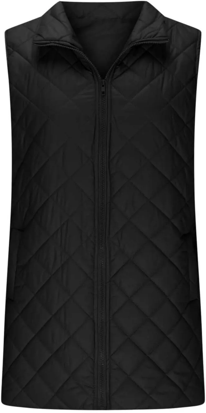 Long Puffer Vest Women Winter Quilted Coat Sleeveless Warm Jackets Zip Up Fluffy Vests Stand Collar Puffy Coats